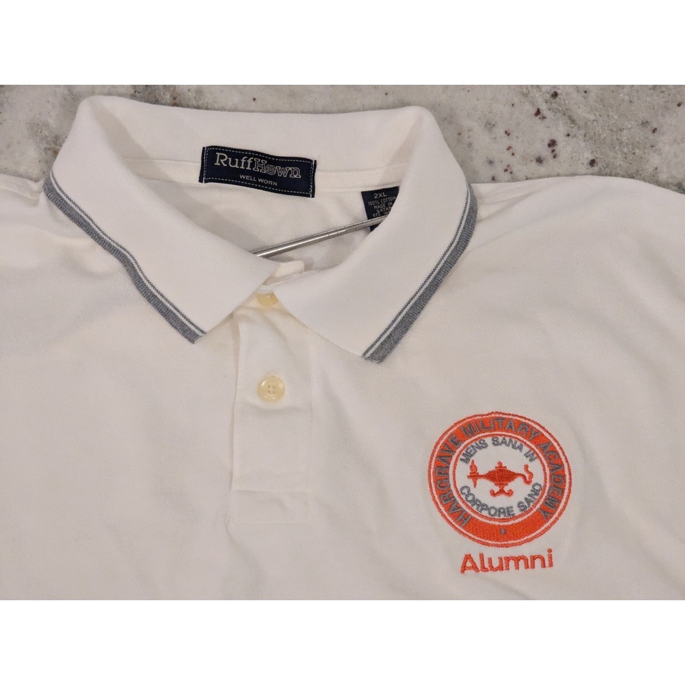 Hargrave Military Academy RuffHewn 2X White Men Polo Preppy‎ Casual Oxi Cleaned